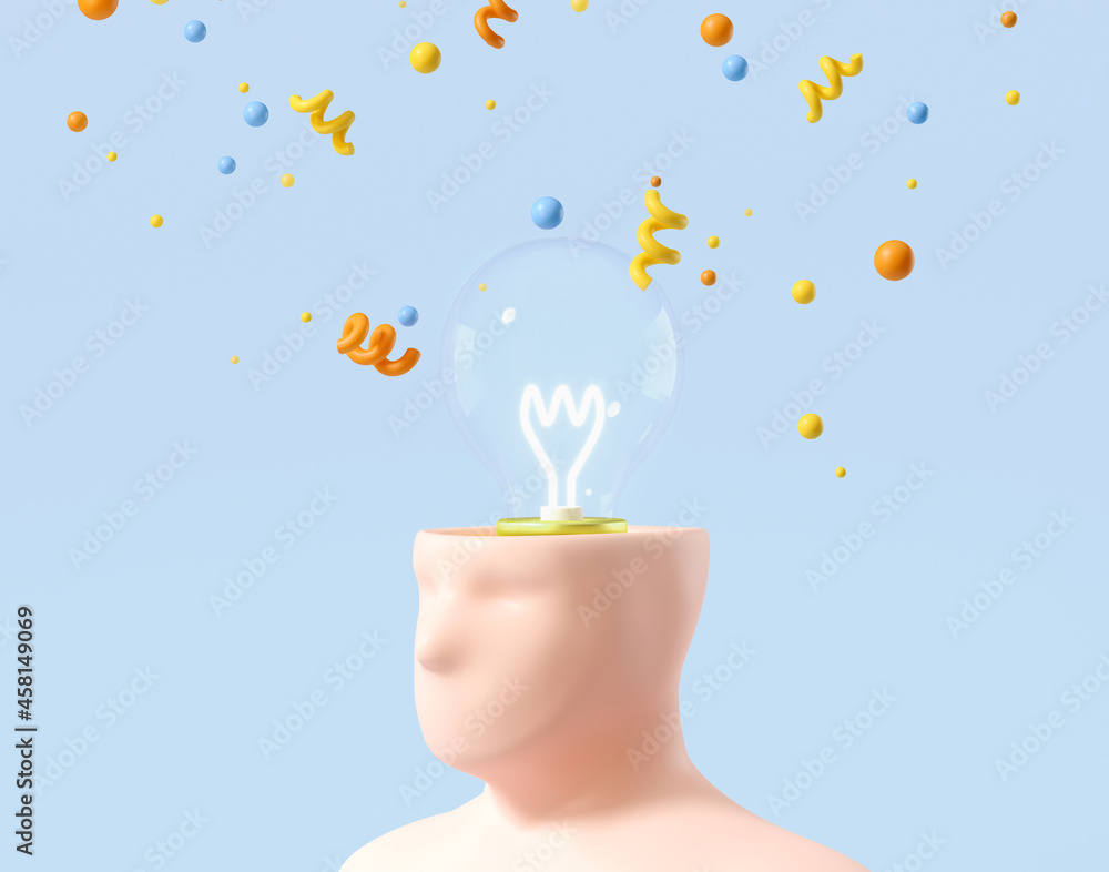 Poster minimal background for online education concept. human with light bulb head on blue background. 3d r