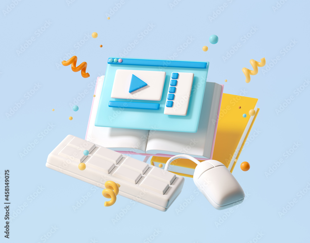 Poster minimal background for online education concept. notebook with learning application on blue backgrou