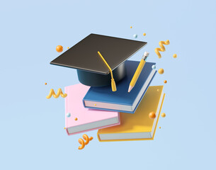 Minimal background for online education concept. Book with graduation hat on blue background. 3d rendering illustration. Clipping path of each element included. - obrazy, fototapety, plakaty
