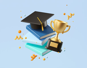 Minimal background for online education concept. Book with graduation hat on blue background. 3d rendering illustration. Clipping path of each element included.