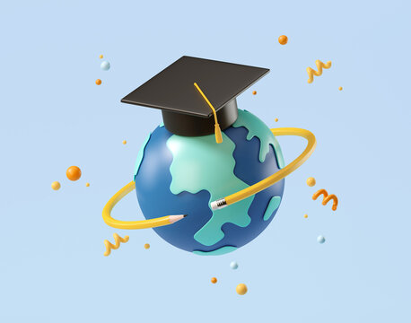 Minimal background for online education concept. Blue globe with graduation hat on blue background. 3d rendering illustration. Clipping path of each element included.