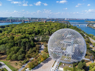 Aerial view of Montreal Biosphere in summer sunny day. Jean-Drapeau park, Saint Helens Island. A museum dedicated to the environment. - obrazy, fototapety, plakaty