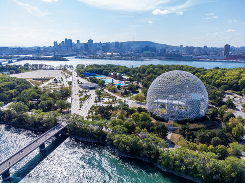 Aerial view of Montreal Biosphere in summer sunny day. Jean-Drapeau park, Saint Helens Island. A museum dedicated to the environment.