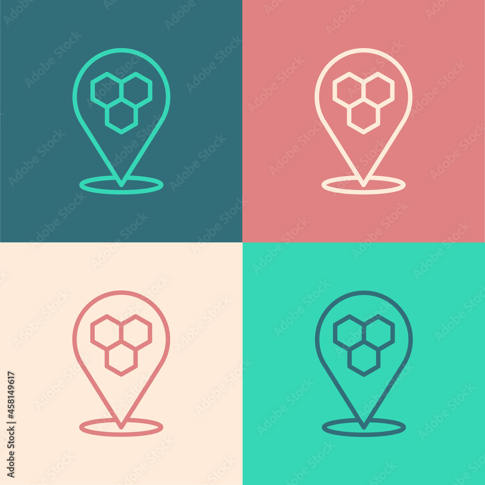 Poster pop art line honeycomb bee location map pin pointer icon isolated on color background. farm animal m