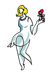 One line drawing of happy woman is holding gift box in her hands.
One continuous line drawing of beautiful happy girl posing with Christmas presents.