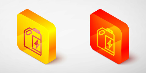 Isometric line Eco fuel canister icon isolated on grey background. Eco bio and barrel. Green environment and recycle. Yellow and orange square button. Vector
