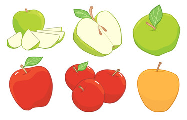 Set of six apple illustrations. Sliced apple, apples in groups, half apple, with stem and leaf.