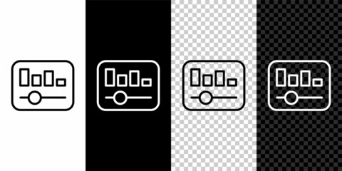 Set line Music equalizer icon isolated on black and white, transparent background. Sound wave. Audio digital equalizer technology, console panel, pulse musical. Vector