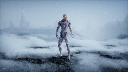 Alien on alien planet. Mars surface. UFO concept. 3d rendering.