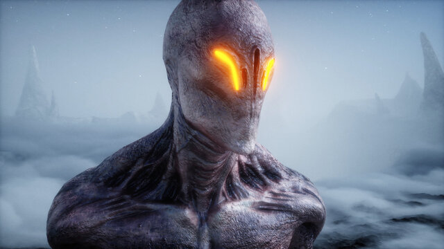 Alien on alien planet. Mars surface. UFO concept. 3d rendering.