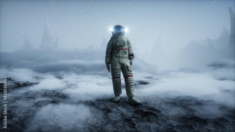 Sticker astronaut on alien planet. mars surface. space travel. 3d rendering.