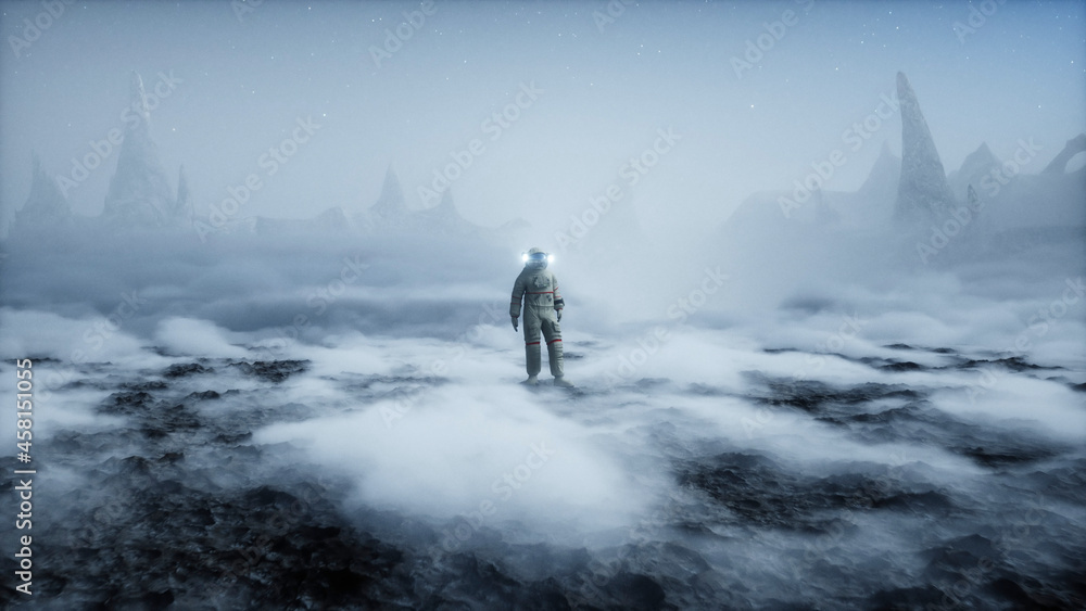 Poster astronaut on alien planet. mars surface. space travel. 3d rendering.