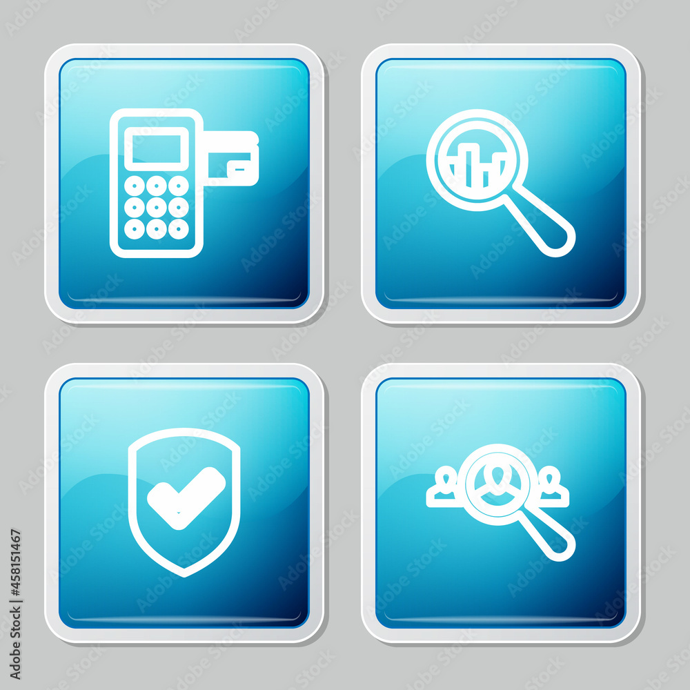 Poster set line pos terminal, magnifying glass and analysis, shield with check mark and for search people i
