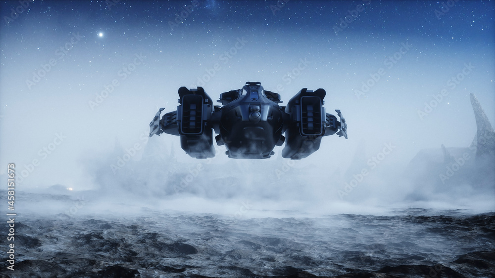 Sticker futuristic ship landing on alien planet. mars surface. 3d rendering.