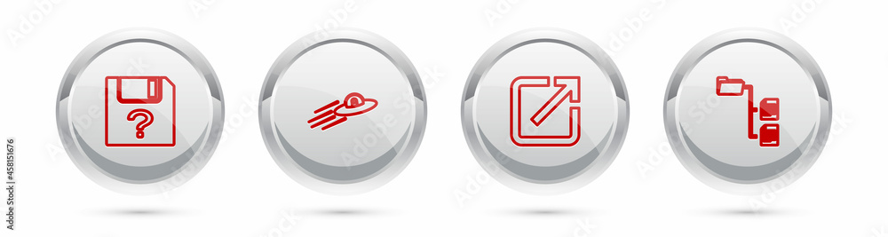 Poster set line unknown document, ufo flying spaceship and alien, open new window and folder tree. silver c