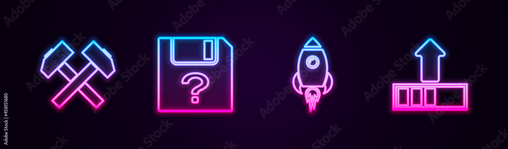 Poster set line two crossed hammers, unknown document, rocket ship with fire and loading. glowing neon icon