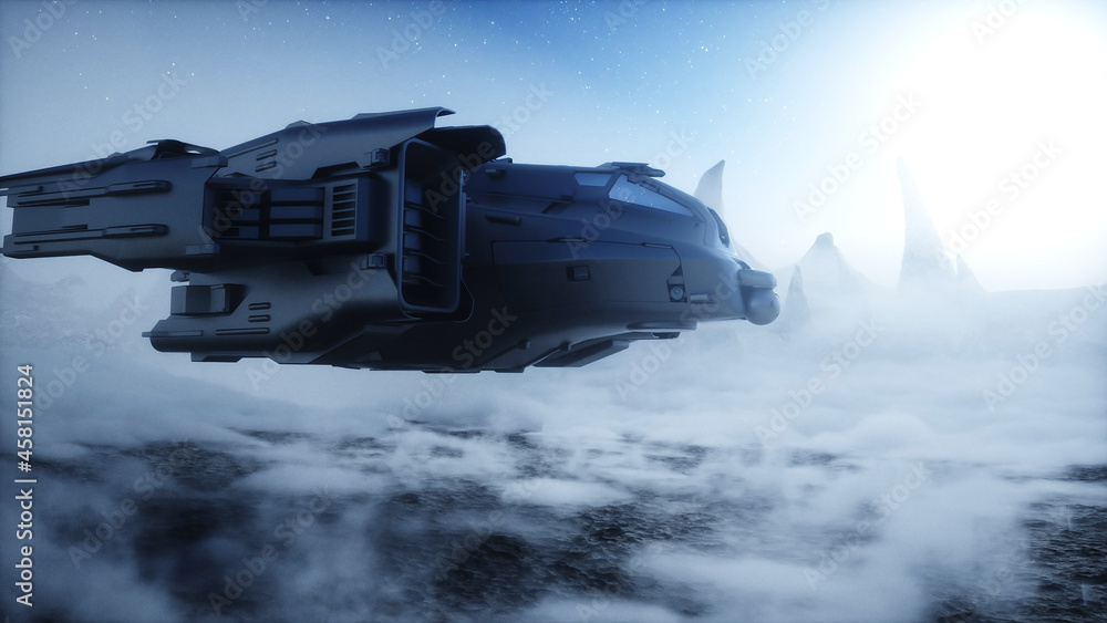 Sticker futuristic ship landing on alien planet. mars surface. 3d rendering.