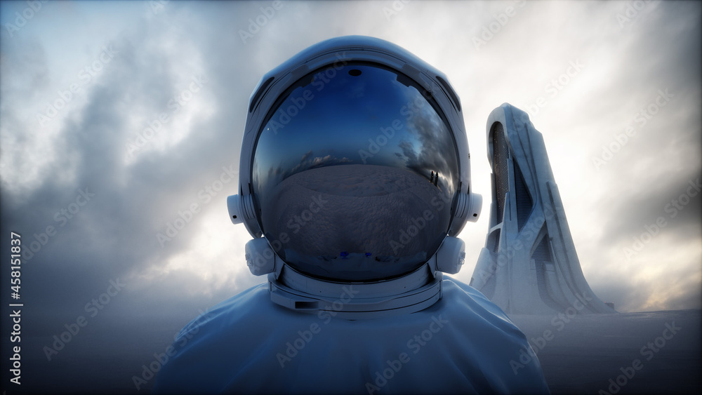 Wall mural lonely astronaut in futuristic apocalyptic city. 3d rendering.