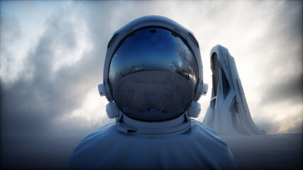 Lonely astronaut in futuristic apocalyptic city. 3d rendering. © 3D motion
