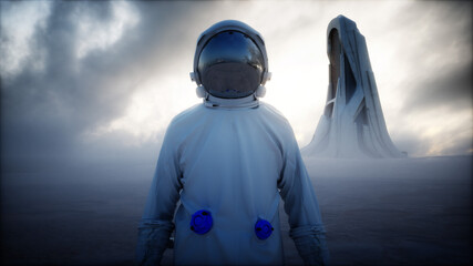 Lonely astronaut in futuristic apocalyptic city. 3d rendering. © 3D motion