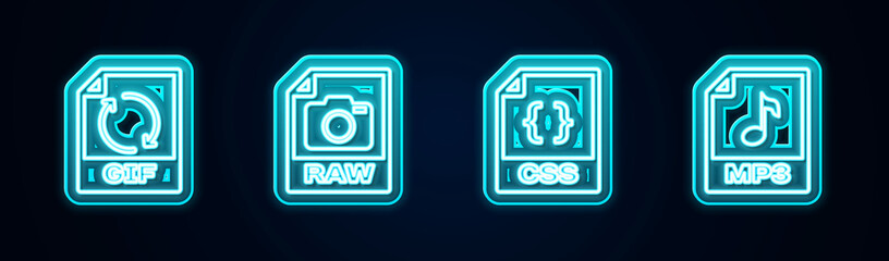Set line GIF file document, RAW, CSS and MP3. Glowing neon icon. Vector