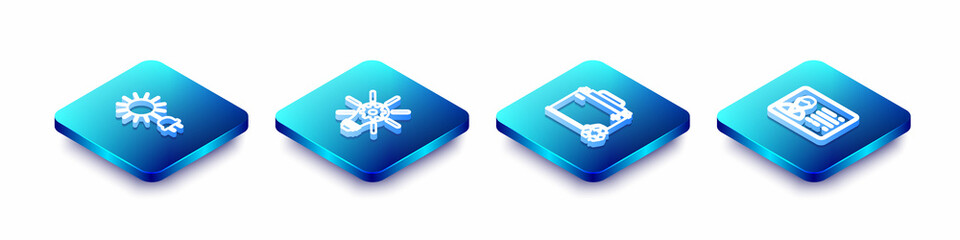 Set Isometric line Sun with electric plug, Light bulb gear, Car battery recycle and Identification badge icon. Vector