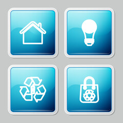 Set line House, Light bulb with world globe, Battery recycle and Shopping bag icon. Vector