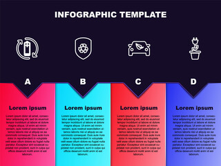 Set line Battery with recycle, Recycle inside shield, Eco car drive leaf and Electric saving plug pot. Business infographic template. Vector
