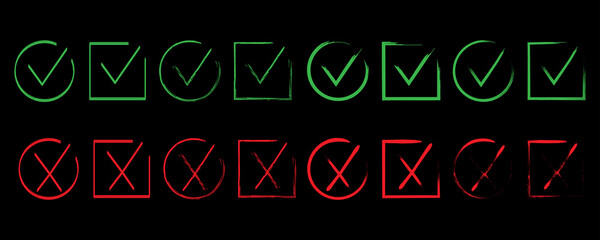 Color cross mark icon set. Black background. Red and green signs. Circle, square frames. Vector illustration. Stock image.