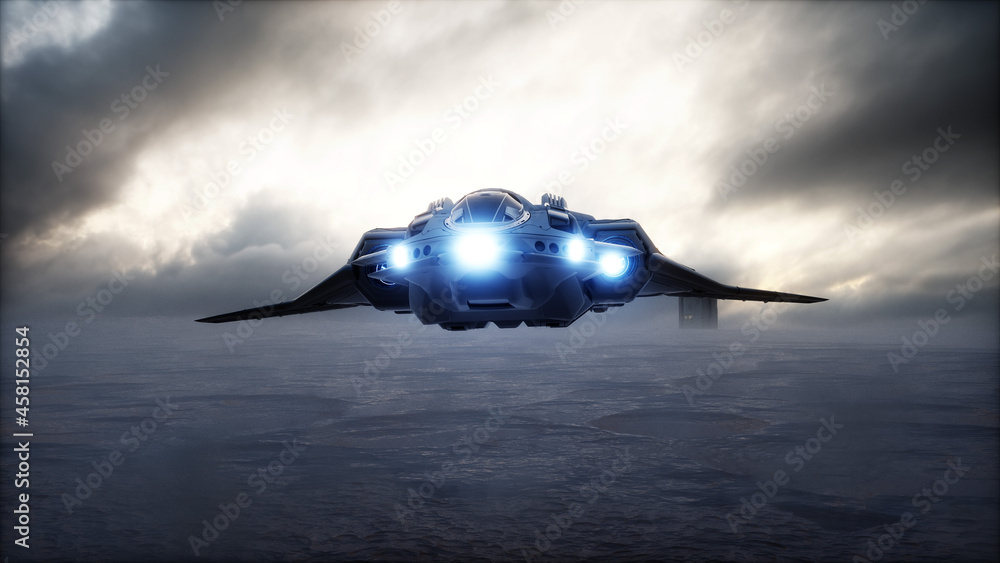 Poster futuristic ship landing in apocalyptic desert. 3d rendering.