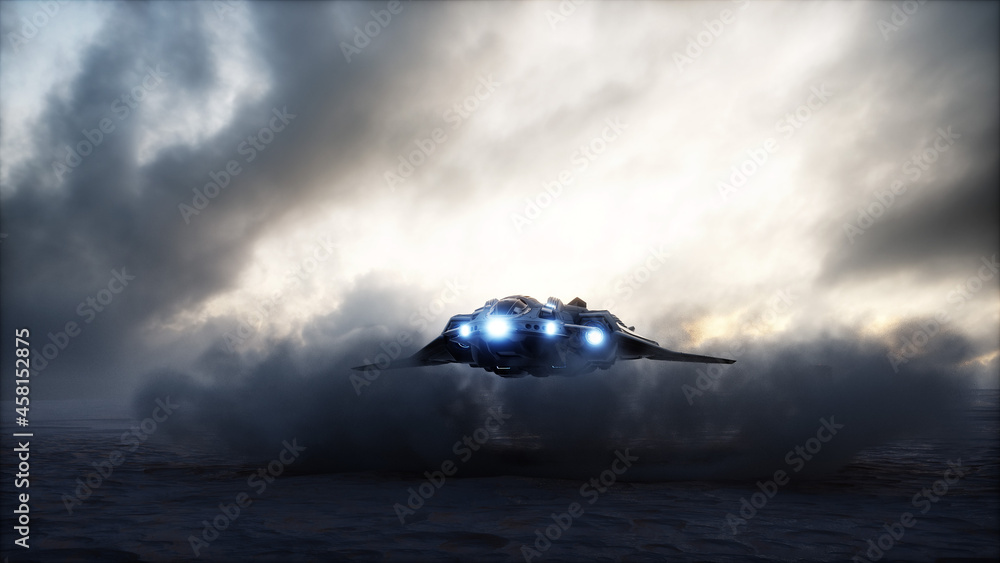 Sticker futuristic ship landing in apocalyptic desert. 3d rendering.