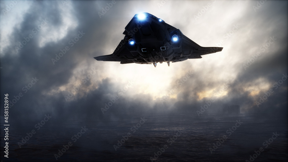 Sticker futuristic ship landing in apocalyptic desert. 3d rendering.