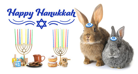 Greeting card for Happy Hannukah with funny Jewish rabbits