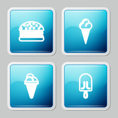Set line Burger, Ice cream in waffle cone, and icon. Vector
