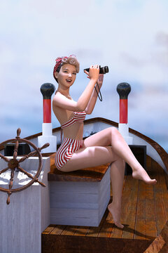 赤と白の水着を着た木造の船に乗り双眼鏡で遠くを見て笑顔になる女性