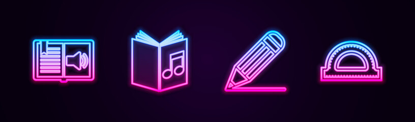 Set line Audio book, , Pencil and line and Protractor grid. Glowing neon icon. Vector