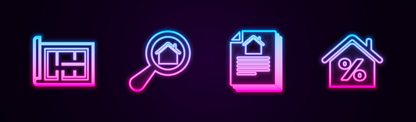 Set line House plan, Search house, contract and with percant. Glowing neon icon. Vector