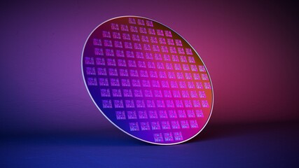 Silicon wafer with litho printed chips. 