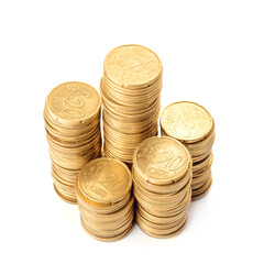 Golden coins on white background