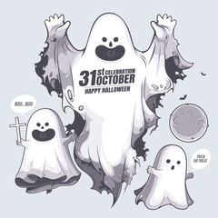 Happy Halloween, ghost cute cartoon, character design for illustration, banner, template background or website.