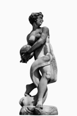 Goddess of earth Gaia (Greec mythologie). Antique statue of stone statue of Gaia holding planet Earth in her hands as symbol of protecting and care of planet Earth. Black and white image.