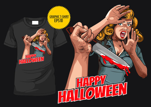 graphic t-shirt Halloween, horror comic, picture hand holding a knife and woman in very shocked fear, fashion character design, celebration party.