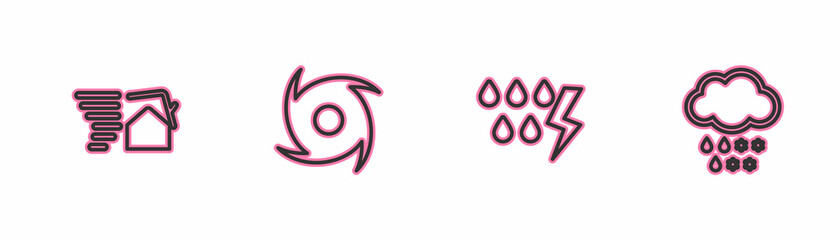Set line Tornado swirl, Storm, and Cloud with snow and rain icon. Vector