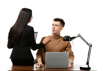 Beautiful young secretary seducing her boss on white background. Concept of harassment