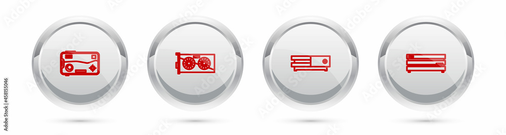 Poster set line mobile and playing in game, video graphic card, console and . silver circle button. vector