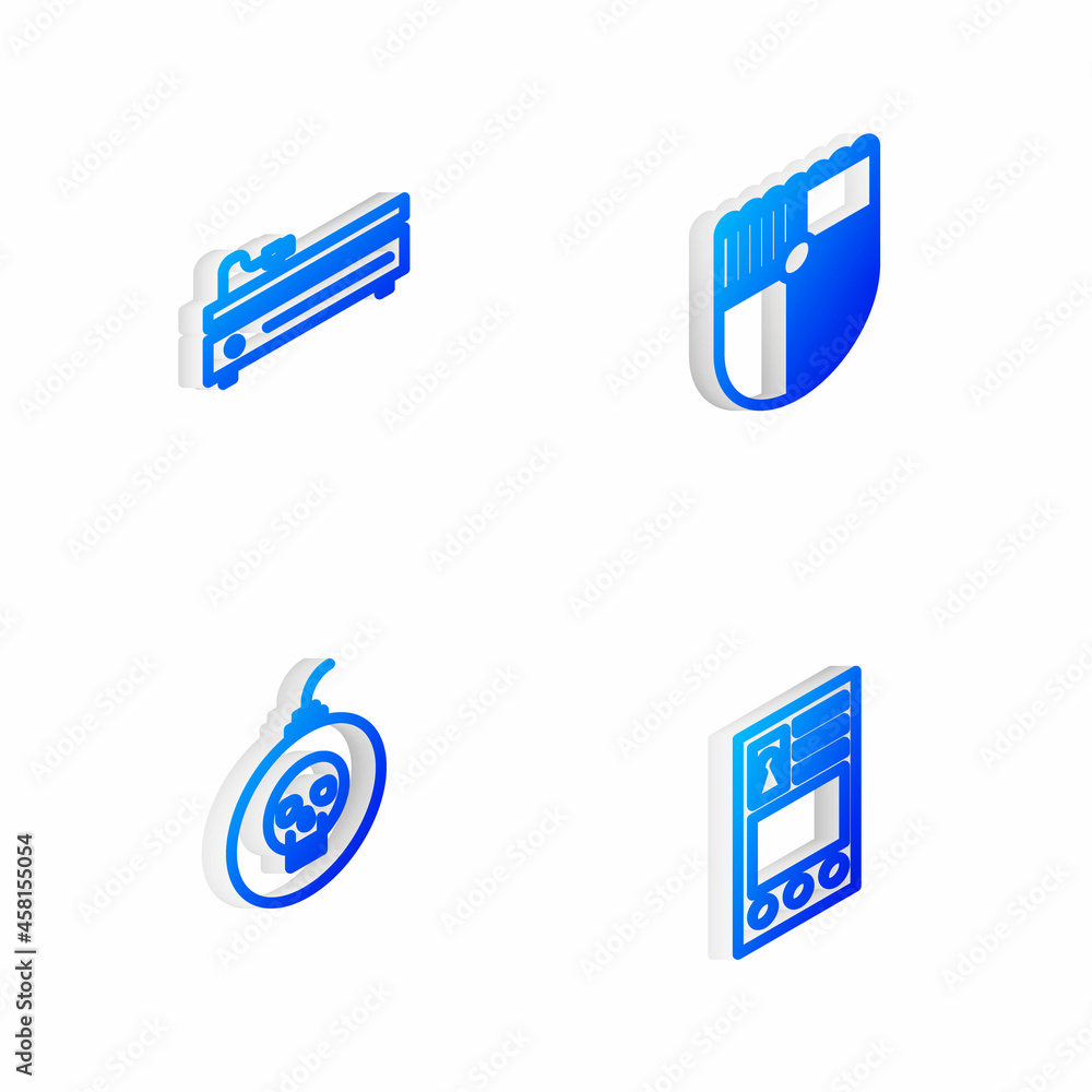 Poster set isometric line shield for game, video console, bomb ready to explode and create account screen i