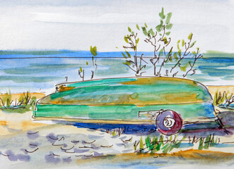 Fototapeta na wymiar watercolor drawing of an old boat on the seashore, travel sketch, Latvia