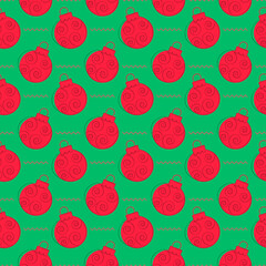 Fototapeta na wymiar Red Christmas balls on a green background. Vector. For prints, packaging, fabrics, flyers, price tags, gift shops.