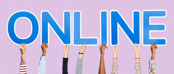 Hands holding up blue letters forming the word online