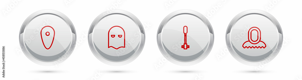 Poster set line shield, executioner mask, torch flame and medieval hood. silver circle button. vector